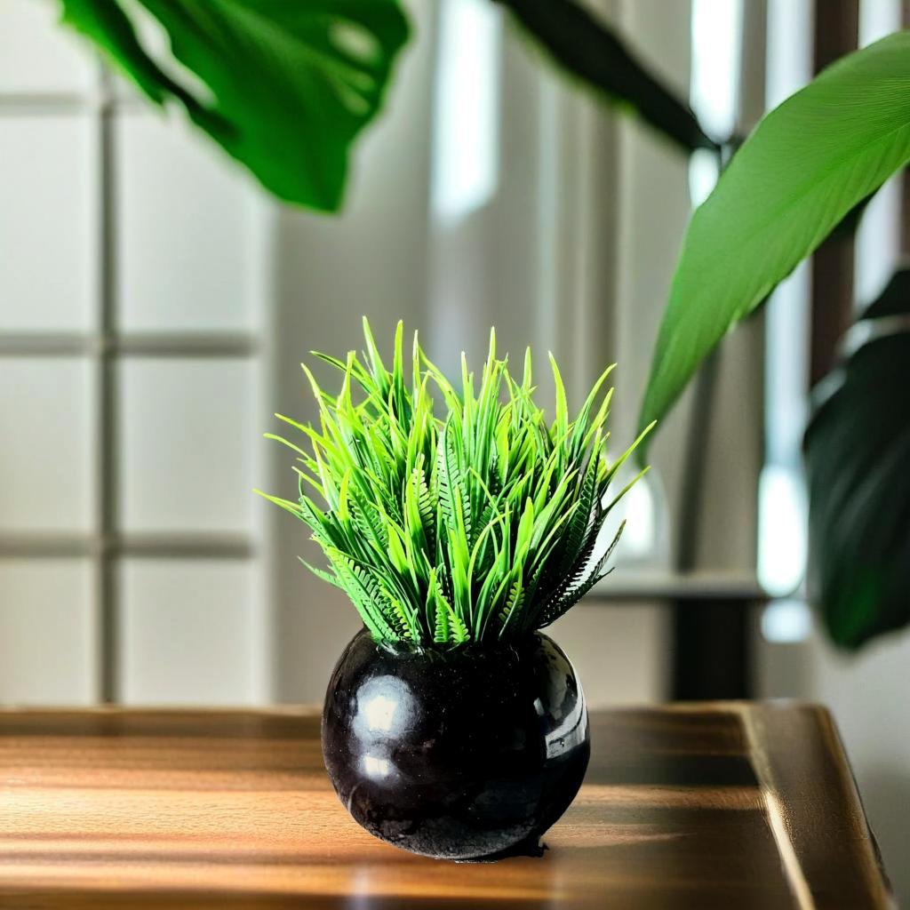 Akaar Artificial Plants for Decoration - Black Ceramic Pot with Fern