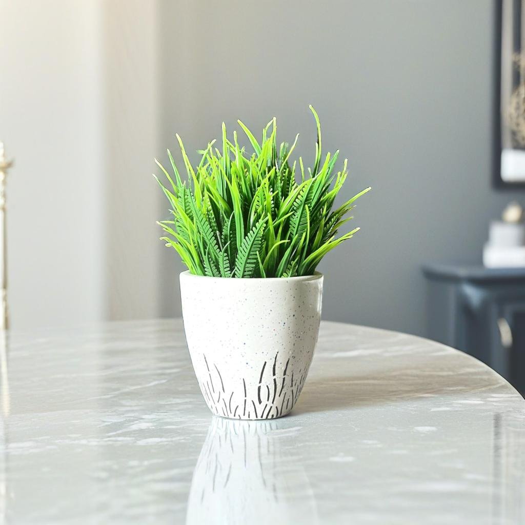 Akaar Artificial Plants for Decoration - White Round Ceramic Pot with Fern