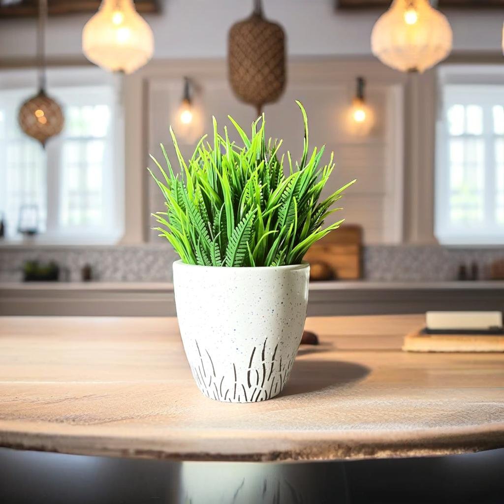 Akaar Artificial Plants for Decoration - White Round Ceramic Pot with Fern