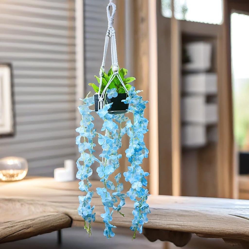 Akaar Blue Wisteria Hangings with Pot in Cotton Macrame Plant Hanger
