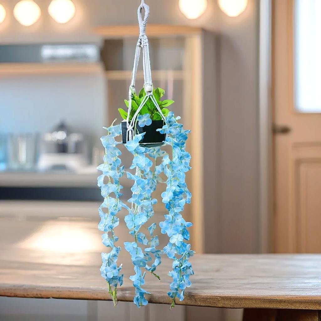 blue macrame plant hanger Akaar Blue Wisteria Hangings with Pot in Cotton Macrame Plant Hanger – Akaar Decor