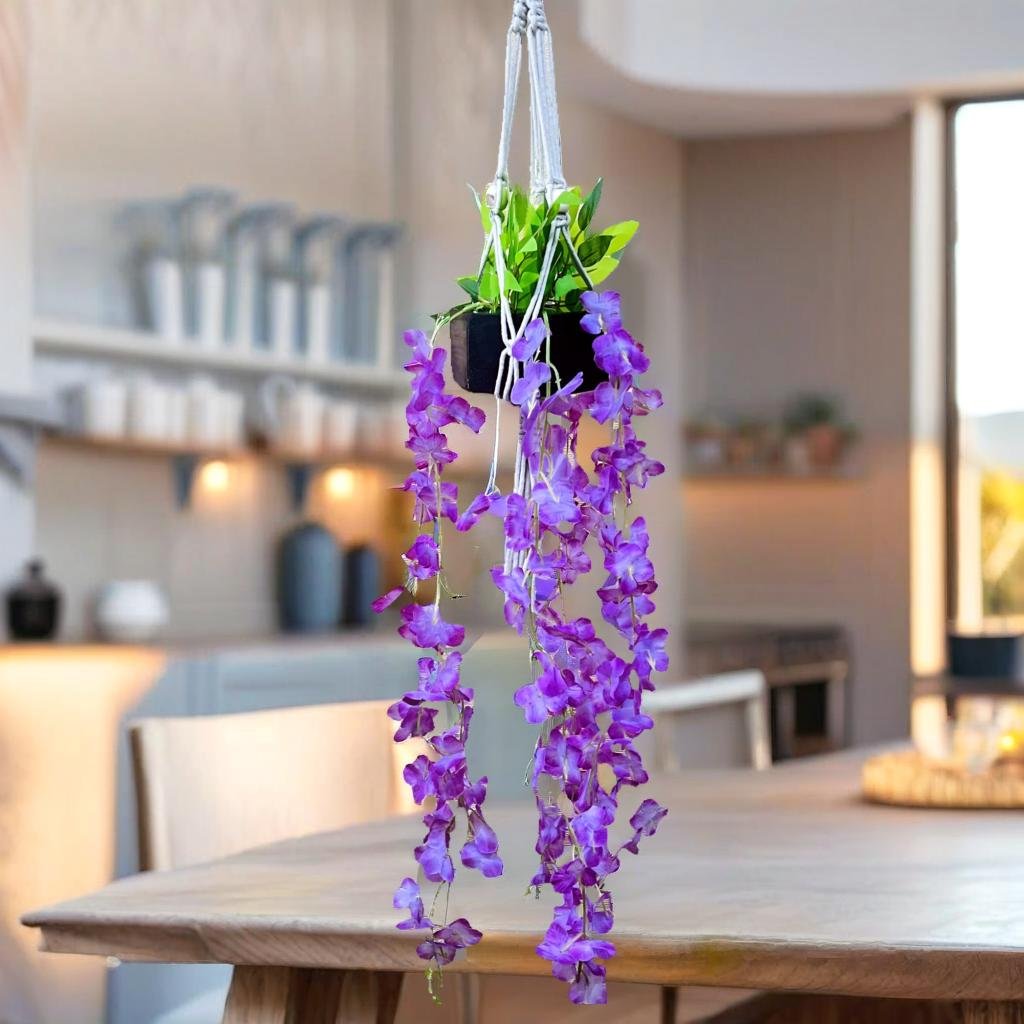 Akaar purple Wisteria Hangings with Pot in Cotton Macrame Plant Hanger