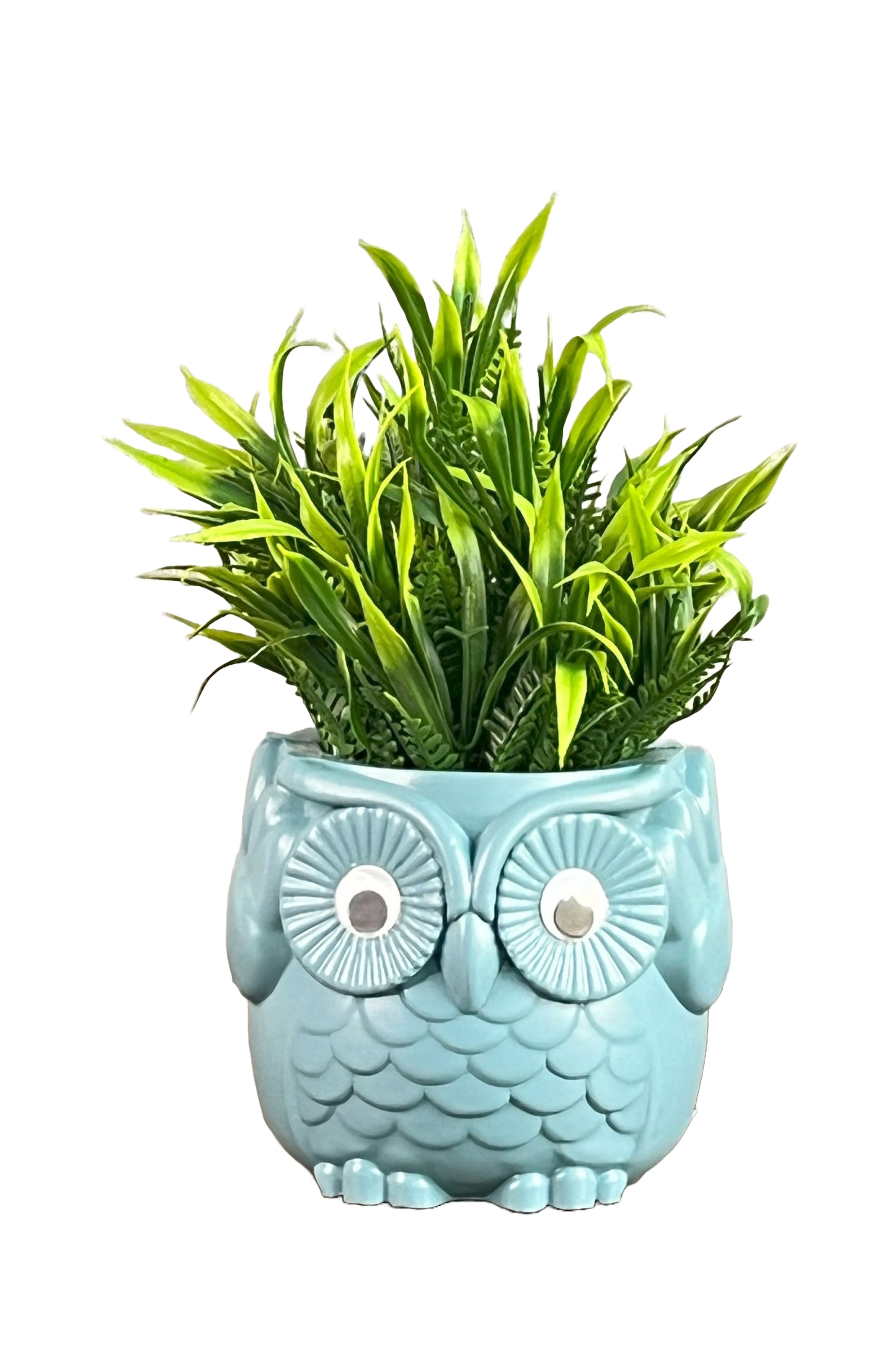 owl planter pot Akaar Artificial Green Fern Plant in Owl Pot as table showpiece – Akaar Decor