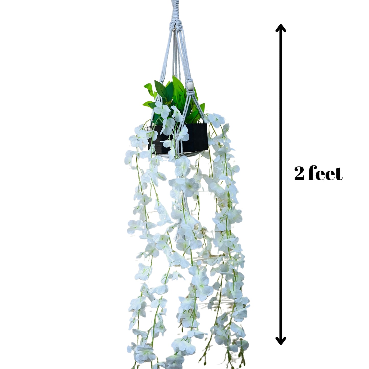 Akaar White Wisteria Hangings with Pot in Cotton Macrame Plant Hanger