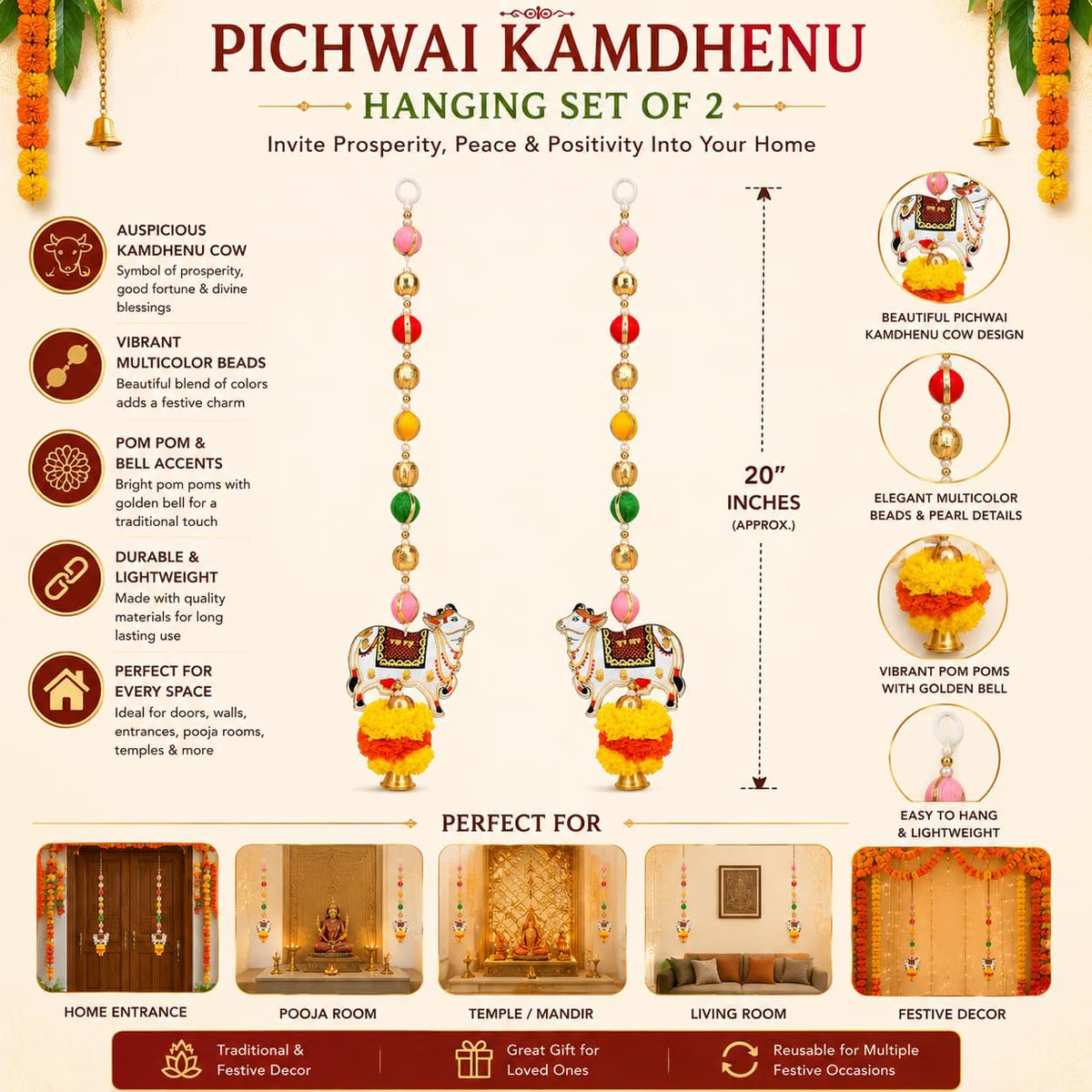 Pichwai Cow Hanging Set of 2 | Traditional Kamdhenu Cow Door Hanging with Multicolor Beads & Pom Pom Tassels | Festive Wall Decor for Diwali, Pooja Room, Temple & Home Entrance