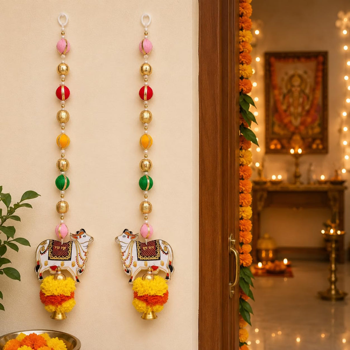 Pichwai Cow Hanging Set of 2 | Traditional Kamdhenu Cow Door Hanging with Multicolor Beads & Pom Pom Tassels | Festive Wall Decor for Diwali, Pooja Room, Temple & Home Entrance