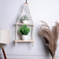 Indoor Boho Macrame Hanging Dual Wall Shelf with Wooden Dowel Hand Woven Bohemian Decor