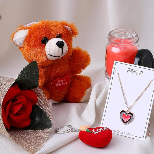 Akaar Valentine Day Gift - Girlfriend,Wife,Husband,Boyfriend- Teddy Bear, Jute Rose, Love Keychain, Heart Necklace, Rose Scented Jar Candle