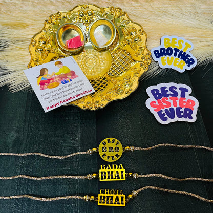 Exclusive Rakhi Set with  Plate, Roli Moli, 3 Rakhis, Greeting Card, and 2 Fridge Magnets