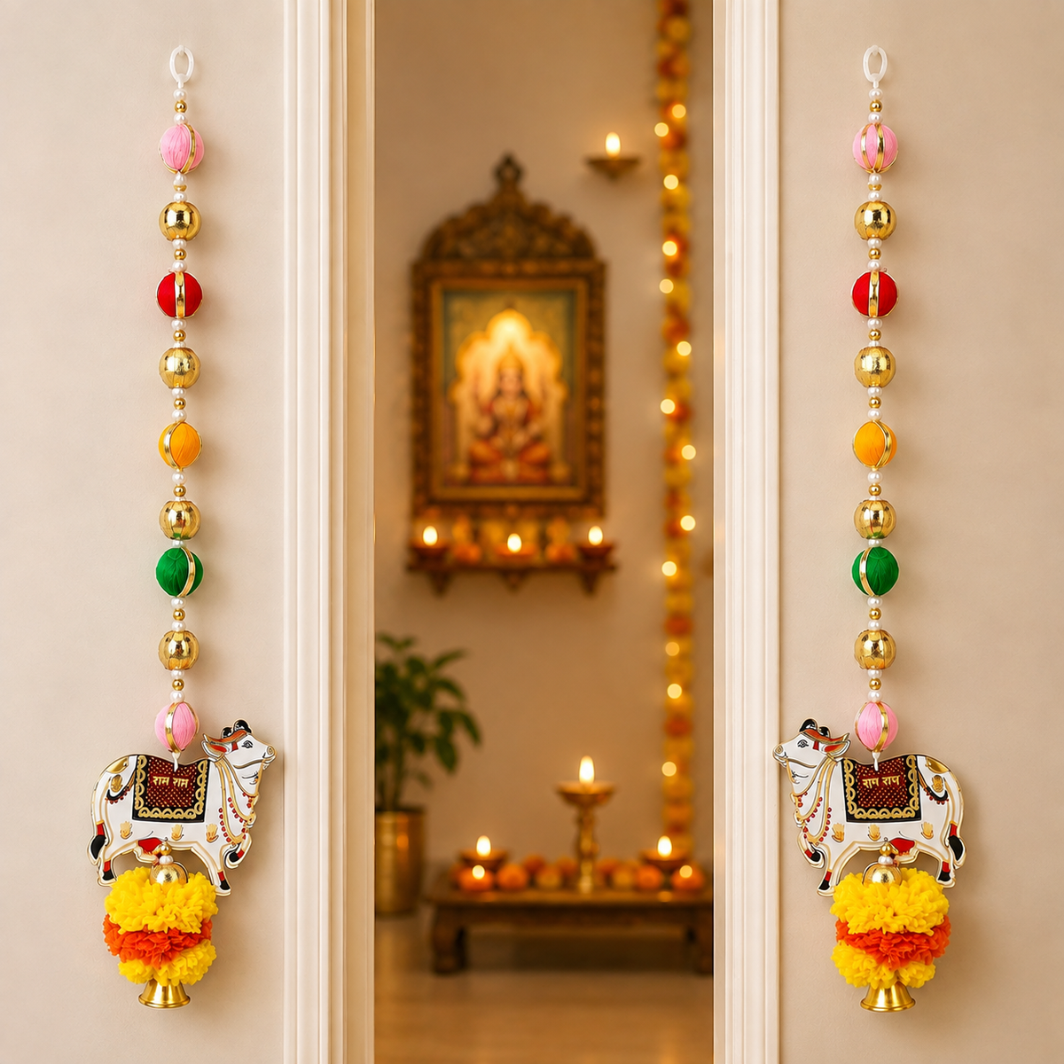 Pichwai Cow Hanging Set of 2 | Traditional Kamdhenu Cow Door Hanging with Multicolor Beads & Pom Pom Tassels | Festive Wall Decor for Diwali, Pooja Room, Temple & Home Entrance