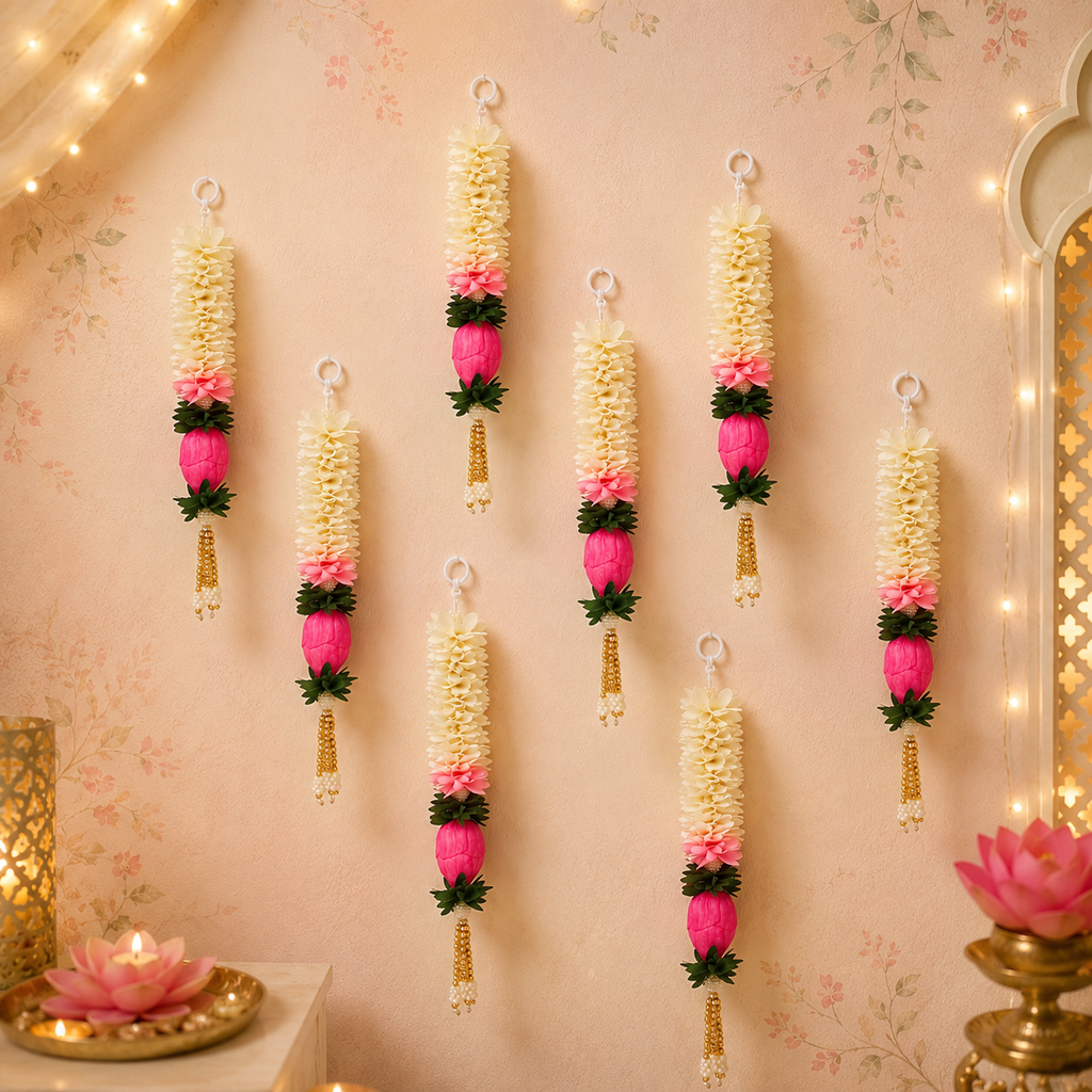 Lotus Hanging Gajra Set of 8 (12 Inch) | Off-White Floral Wall Hangings | Diwali Backdrop, Temple & Pooja Room Decor