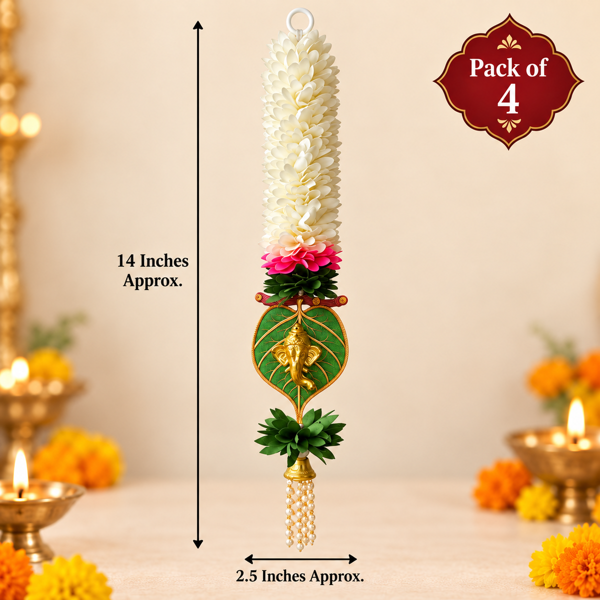 Lotus Hanging Gajra Set of 4 (14 Inch) with Ganesh Hanging | Off-White Floral Wall Hangings | Diwali Backdrop, Temple & Pooja Room Decor