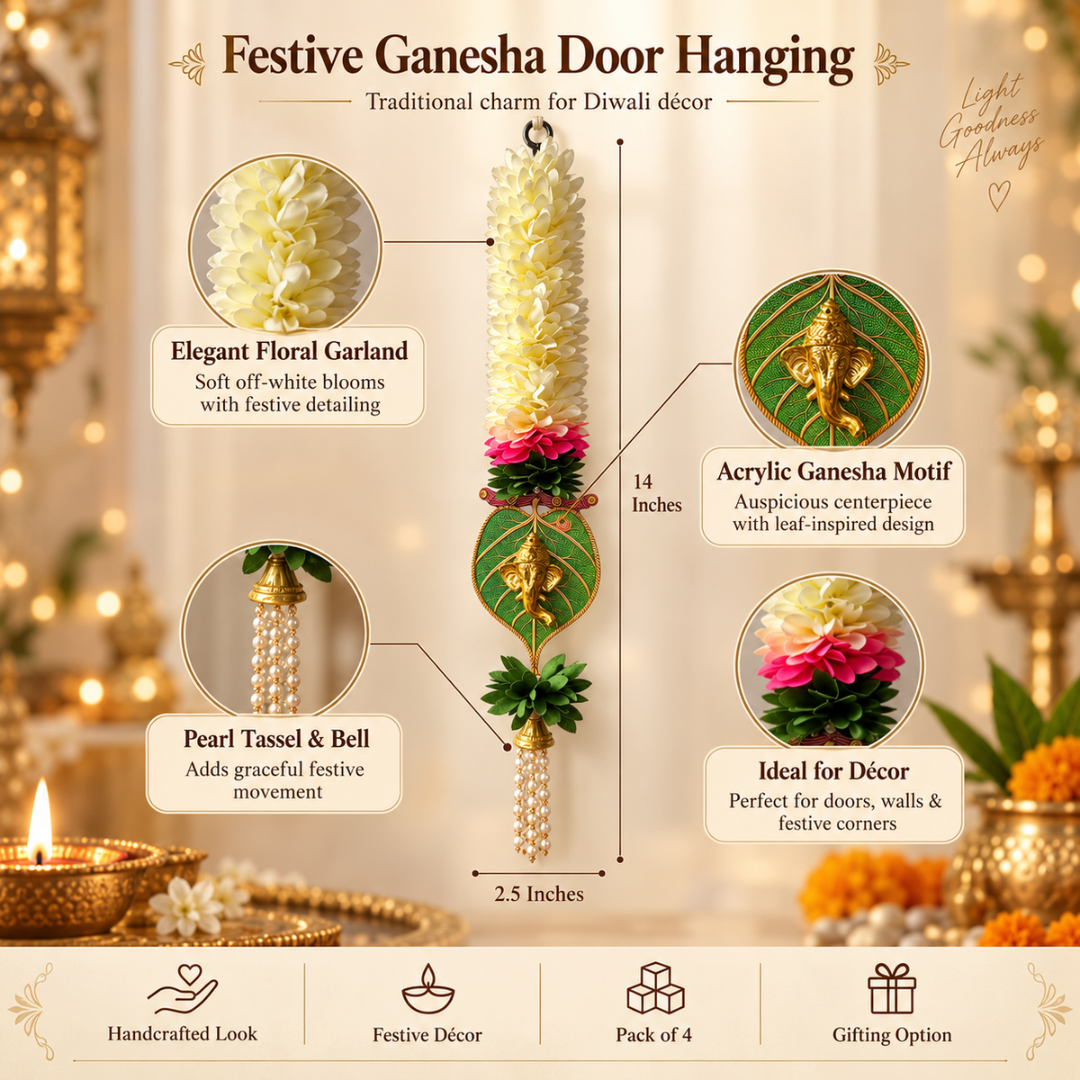 Lotus Hanging Gajra Set of 4 (14 Inch) with Ganesh Hanging | Off-White Floral Wall Hangings | Diwali Backdrop, Temple & Pooja Room Decor