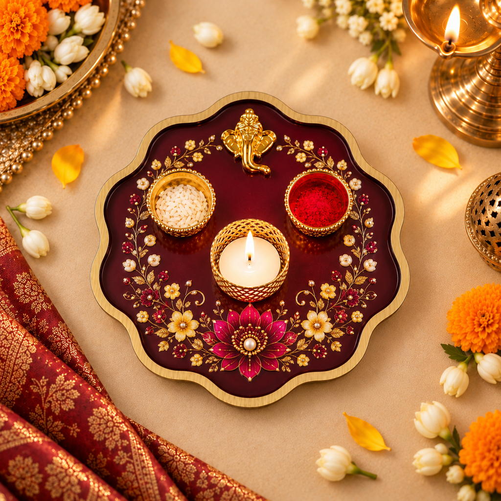 Scallop Pooja Platter Set with Ganesha Motif, 2 Metal Katoris, Tea Light Holder, Roli & Chawal