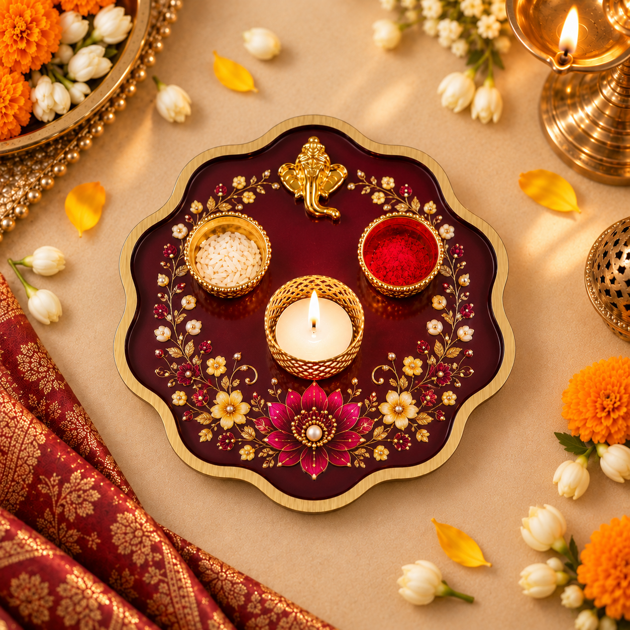 Scallop Pooja Platter Set with Ganesha Motif, 2 Metal Katoris, Tea Light Holder, Roli & Chawal