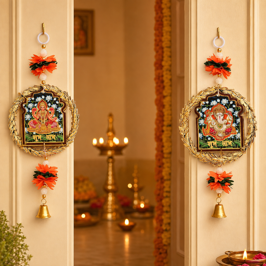 Lakshmi Ganesha Hanging Wall Decor Set of 2 | Traditional Diwali Decoration for Home Entrance, Pooja Room & Temple | Floral Hanging with Bell & Golden Wreath Design | 13 Inches