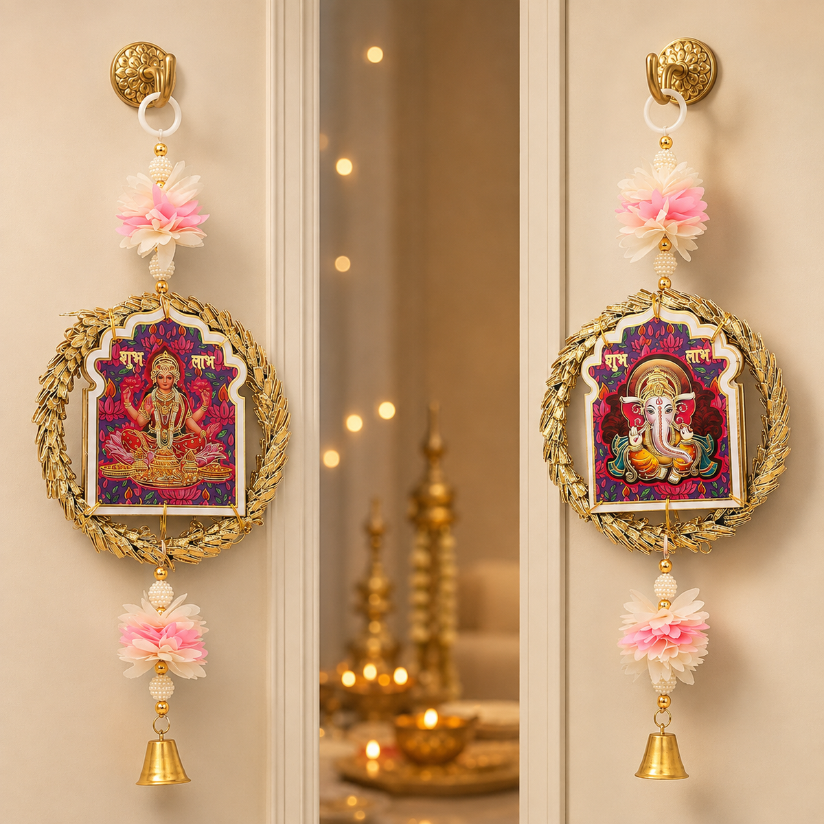 Lakshmi Ganesha Hanging Wall Decor Set of 2 | Traditional Diwali Decoration for Home Entrance, Pooja Room & Temple | Floral Hanging with Bell & Golden Wreath Design | 13 Inches