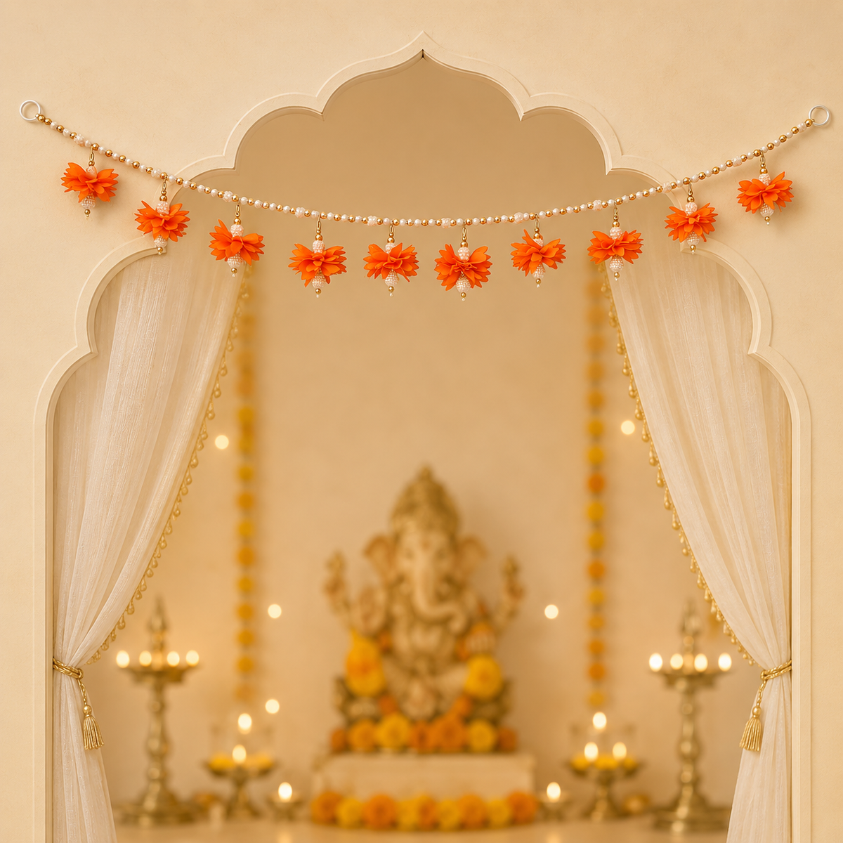 Floral Pearl Bead Toran with Flower Latkans | Decorative Door Hanging for Home Entrance, Mandir & Pooja Room | Diwali Decoration, Wedding & Festive Decor