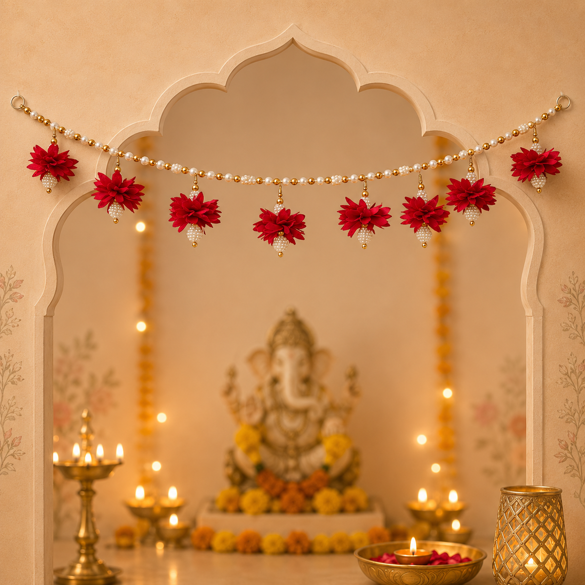Floral Pearl Bead Toran with Flower Latkans | Decorative Door Hanging for Home Entrance, Mandir & Pooja Room | Diwali Decoration, Wedding & Festive Decor