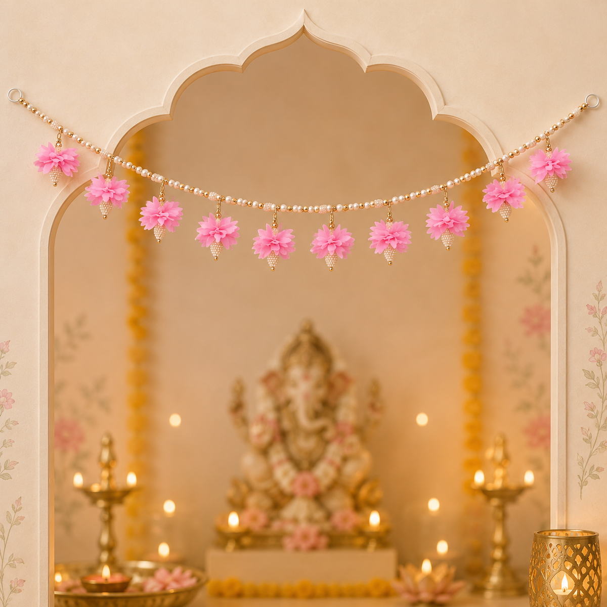 Floral Pearl Bead Toran with Flower Latkans | Decorative Door Hanging for Home Entrance, Mandir & Pooja Room | Diwali Decoration, Wedding & Festive Decor