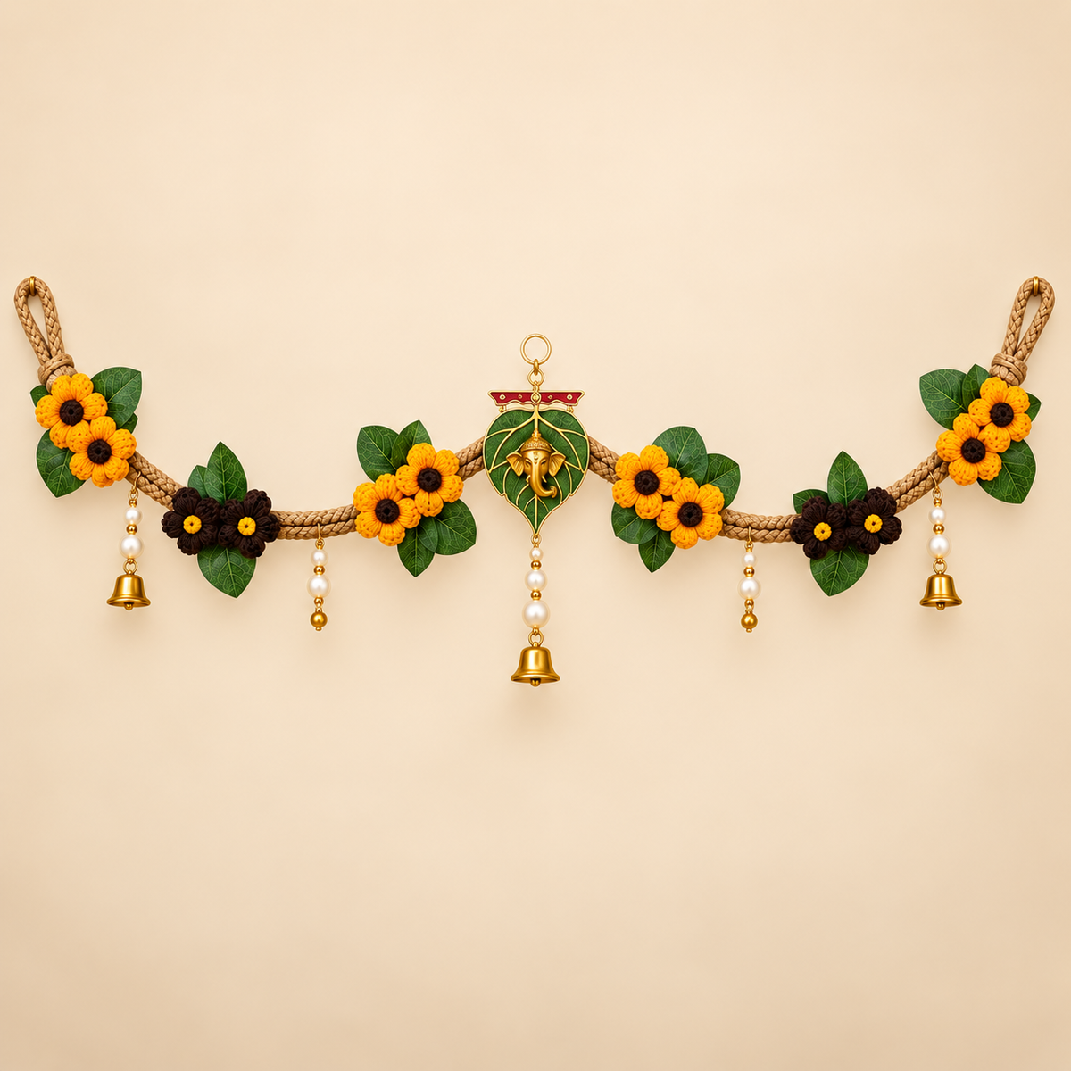 Handmade Crochet Flower Bandhanwar for Door | Decorative Toran with Acrylic Motif, Leaves, Pearls & Bells | Diwali Festive Entrance Decor | 2.75 Ft