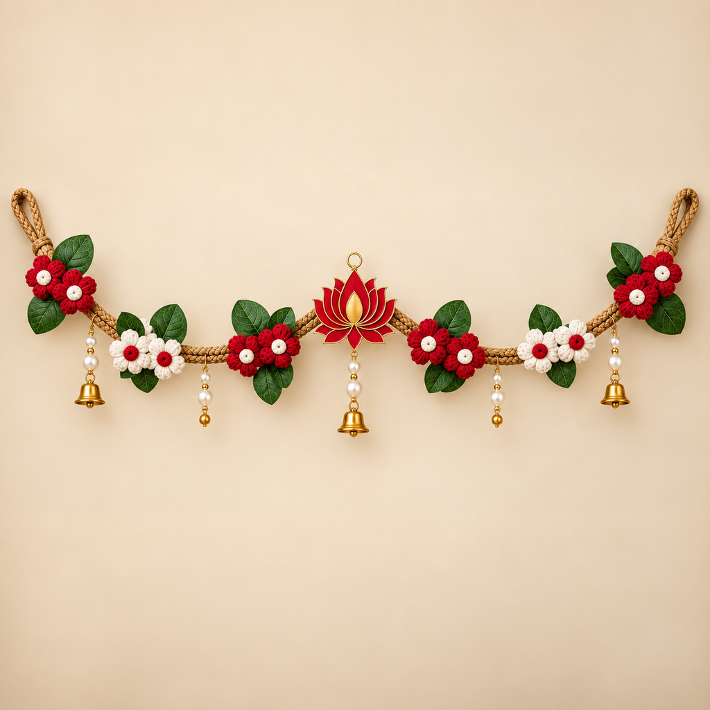 Handmade Crochet Flower Bandhanwar for Door | Decorative Toran with Acrylic Motif, Leaves, Pearls & Bells | Diwali Festive Entrance Decor | 2.75 Ft