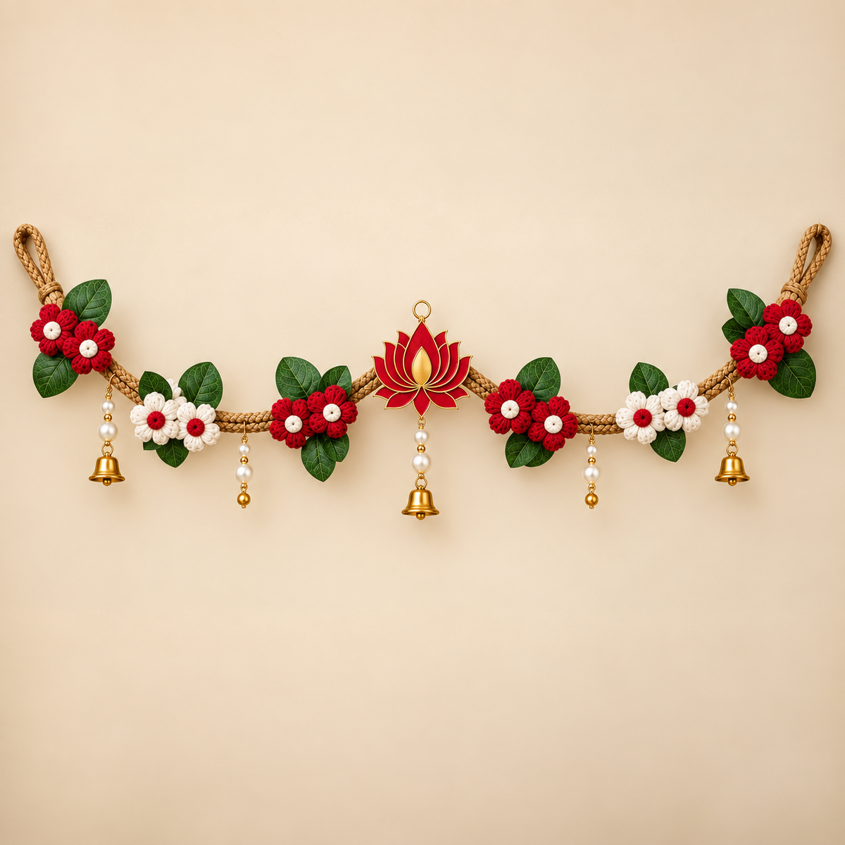 Handmade Crochet Flower Bandhanwar for Door | Decorative Toran with Acrylic Motif, Leaves, Pearls & Bells | Diwali Festive Entrance Decor | 2.75 Ft
