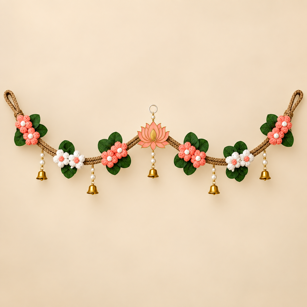 Handmade Crochet Flower Bandhanwar for Door | Decorative Toran with Acrylic Motif, Leaves, Pearls & Bells | Diwali Festive Entrance Decor | 2.75 Ft