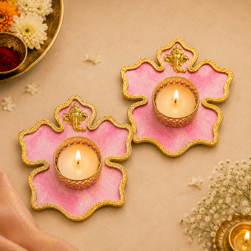 Ganesha Tea Light Candle Holder Set of 2, Decorative Acrylic Diya Holders for Diwali, Ganesh Chaturthi, Pooja Room, Table Décor & Festive Gifting, 4.75 x 4.5 Inch