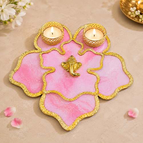 Ganesha Candle Holder Platter with 2 Tea Light Holders | Premium Acrylic Diya & Candle Stand for Diwali, Ganesh Chaturthi, Pooja Room, Table Decor & Festive Gifting | 8  Inches