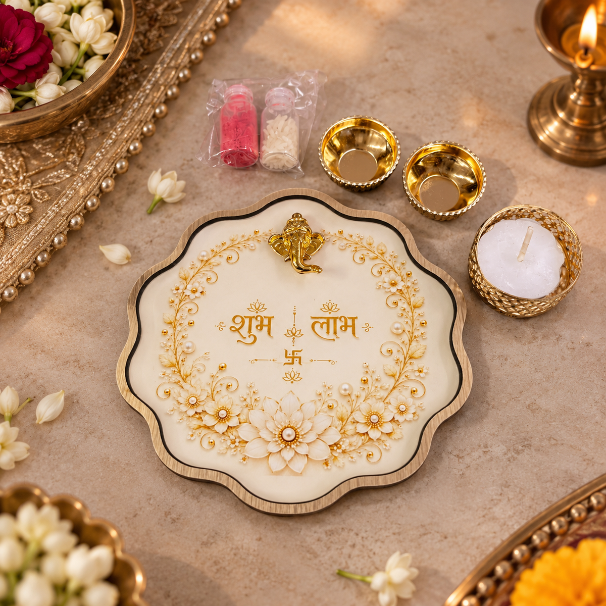 Scallop Pooja Platter Set with Ganesha Motif, 2 Metal Katoris, Tea Light Holder, Roli & Chawal
