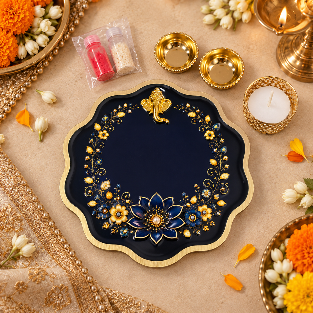 Scallop Pooja Platter Set with Ganesha Motif, 2 Metal Katoris, Tea Light Holder, Roli & Chawal