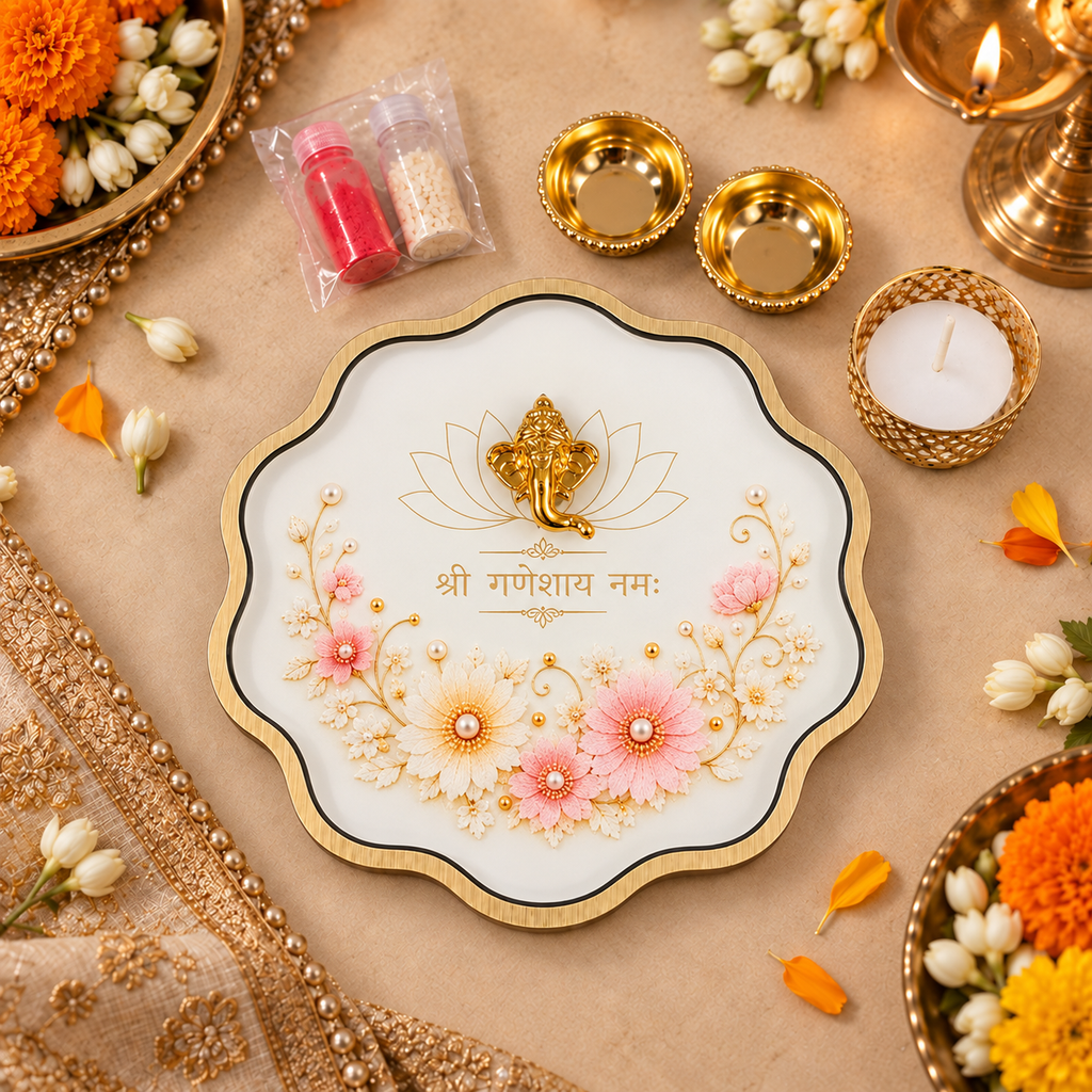 Scallop Pooja Platter Set with Ganesha Motif, 2 Metal Katoris, Tea Light Holder, Roli & Chawal