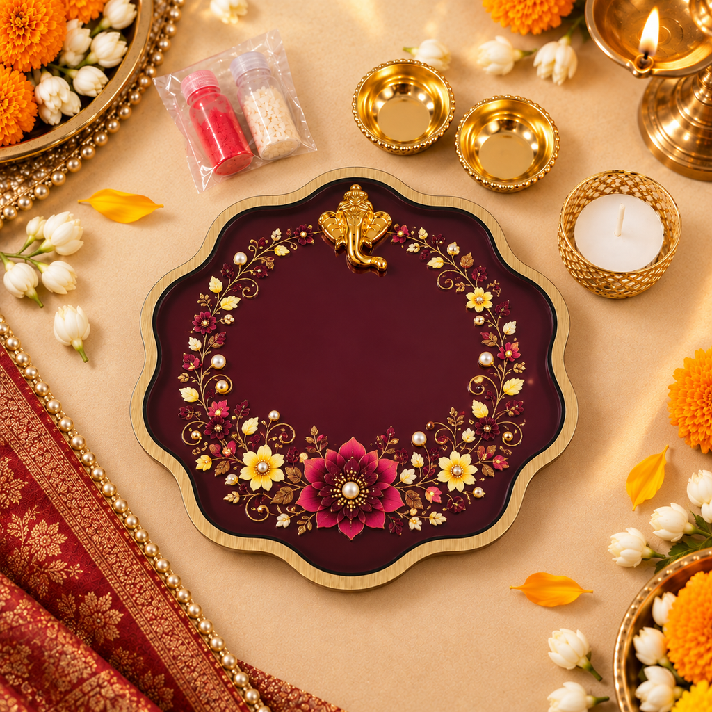 Scallop Pooja Platter Set with Ganesha Motif, 2 Metal Katoris, Tea Light Holder, Roli & Chawal