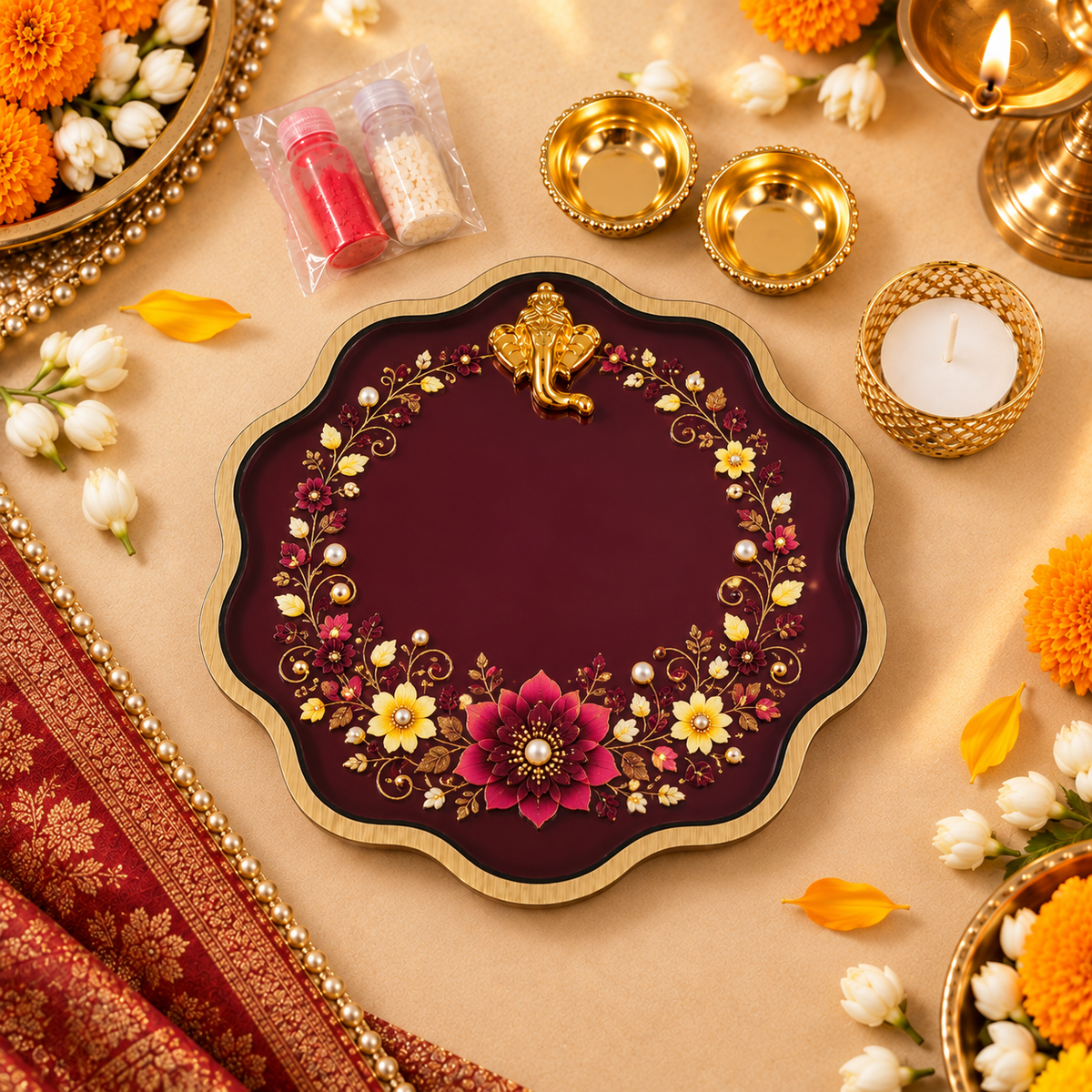 Scallop Pooja Platter Set with Ganesha Motif, 2 Metal Katoris, Tea Light Holder, Roli & Chawal
