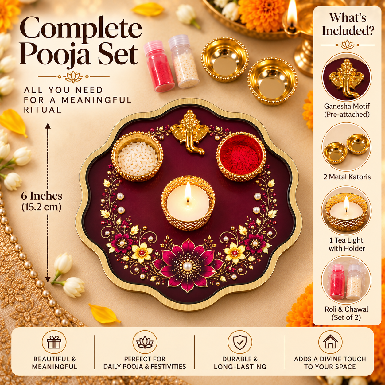 Scallop Pooja Platter Set with Ganesha Motif, 2 Metal Katoris, Tea Light Holder, Roli & Chawal