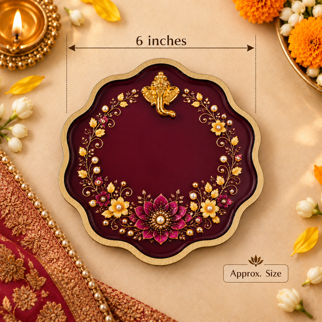 Scallop Pooja Platter Set with Ganesha Motif, 2 Metal Katoris, Tea Light Holder, Roli & Chawal