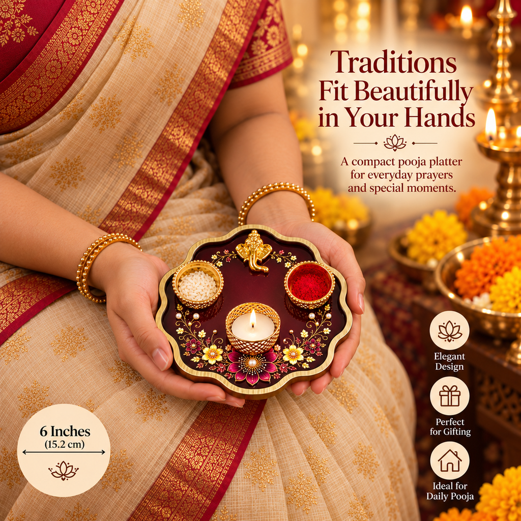 Scallop Pooja Platter Set with Ganesha Motif, 2 Metal Katoris, Tea Light Holder, Roli & Chawal