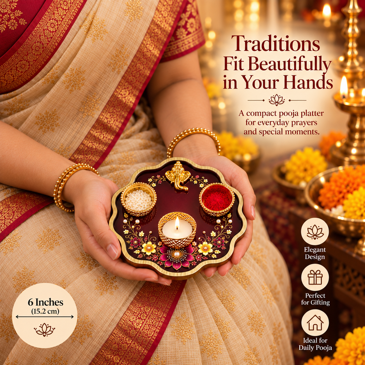 Scallop Pooja Platter Set with Ganesha Motif, 2 Metal Katoris, Tea Light Holder, Roli & Chawal