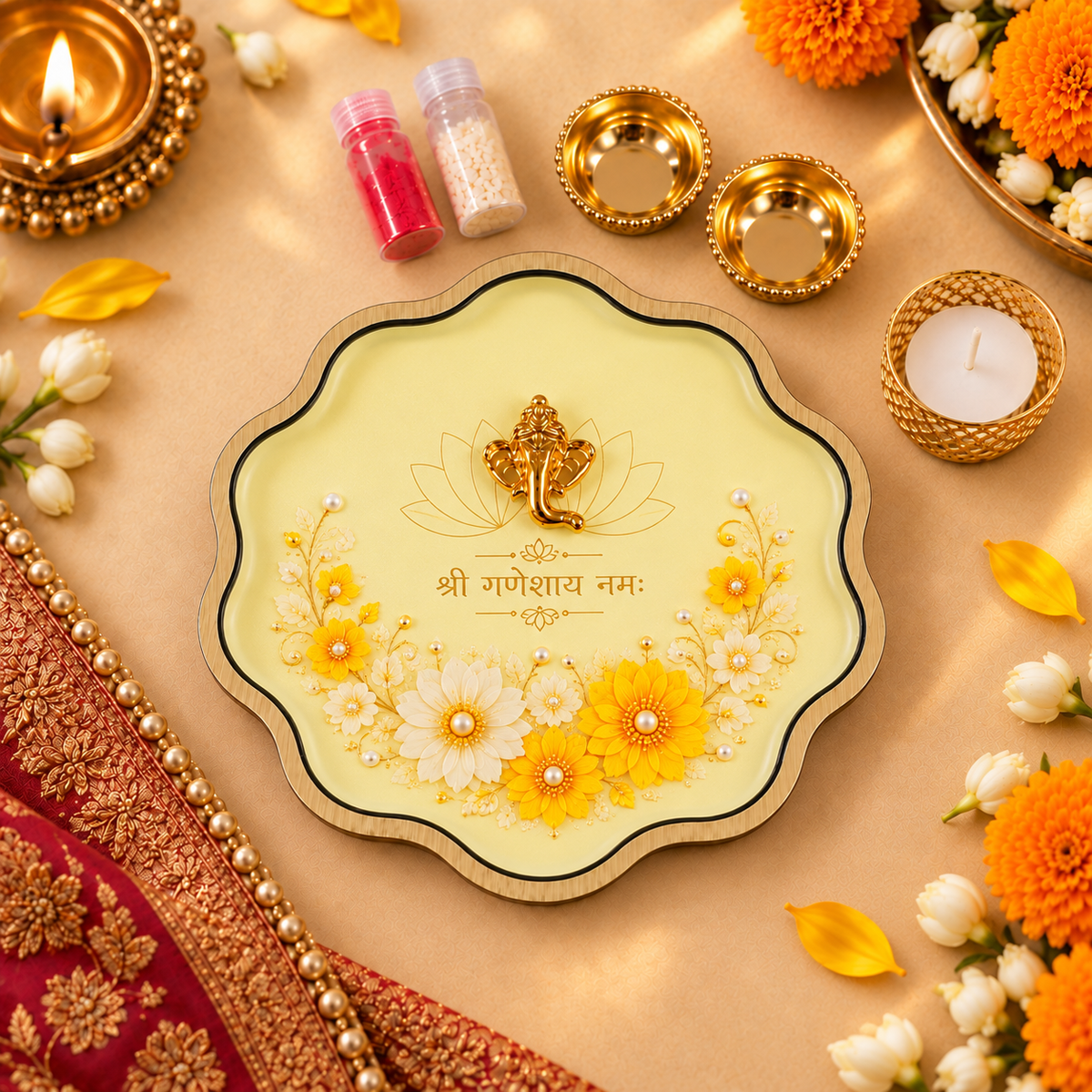 Scallop Pooja Platter Set with Ganesha Motif, 2 Metal Katoris, Tea Light Holder, Roli & Chawal