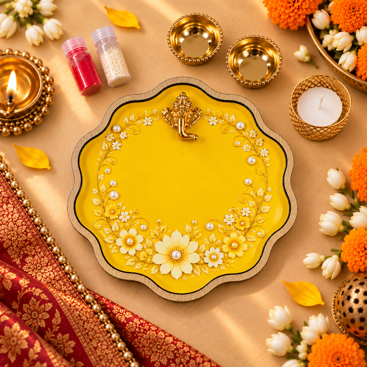 Scallop Pooja Platter Set with Ganesha Motif, 2 Metal Katoris, Tea Light Holder, Roli & Chawal