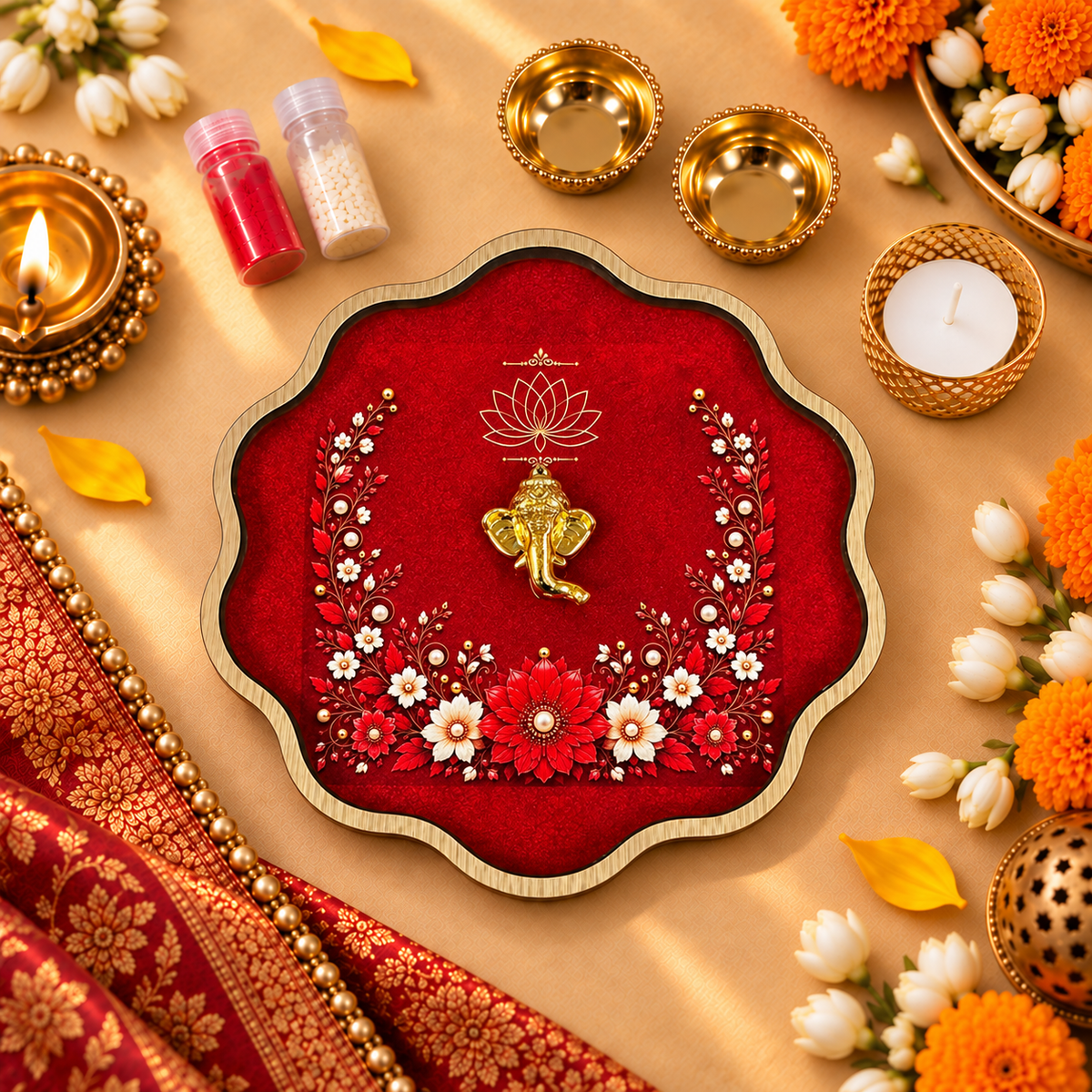 Scallop Pooja Platter Set with Ganesha Motif, 2 Metal Katoris, Tea Light Holder, Roli & Chawal