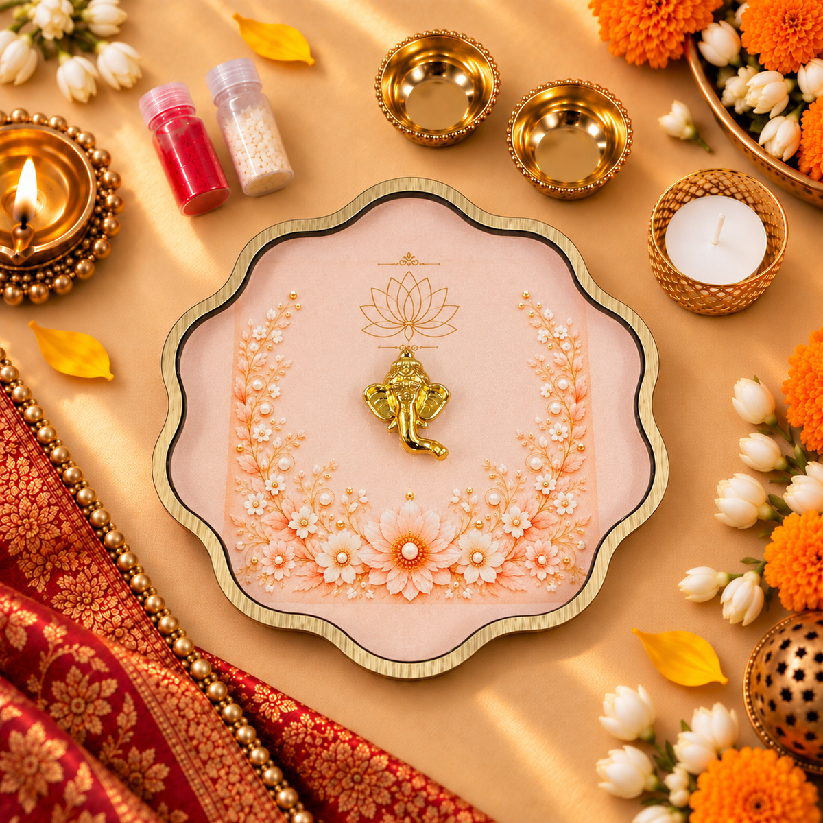 Scallop Pooja Platter Set with Ganesha Motif, 2 Metal Katoris, Tea Light Holder, Roli & Chawal