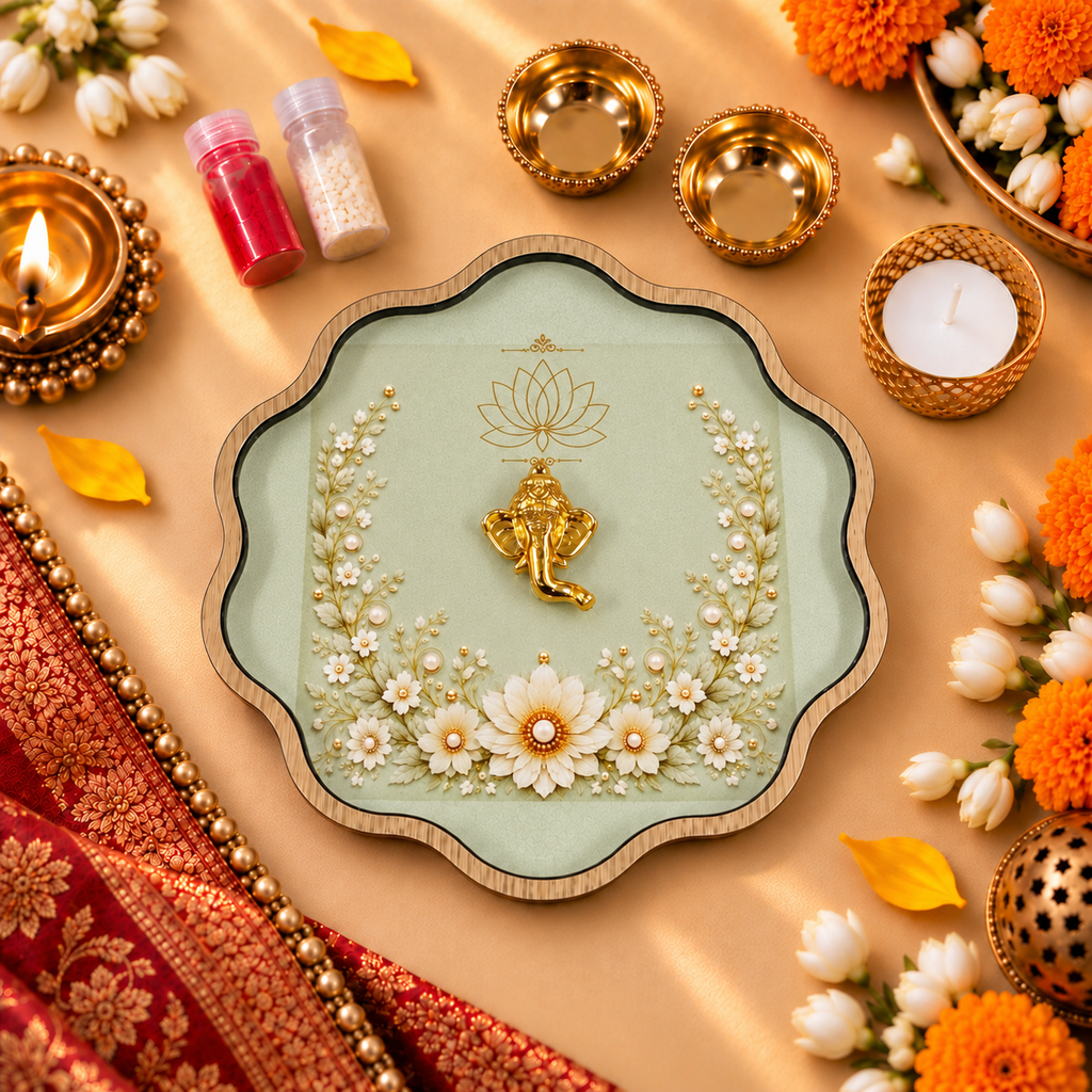 Scallop Pooja Platter Set with Ganesha Motif, 2 Metal Katoris, Tea Light Holder, Roli & Chawal