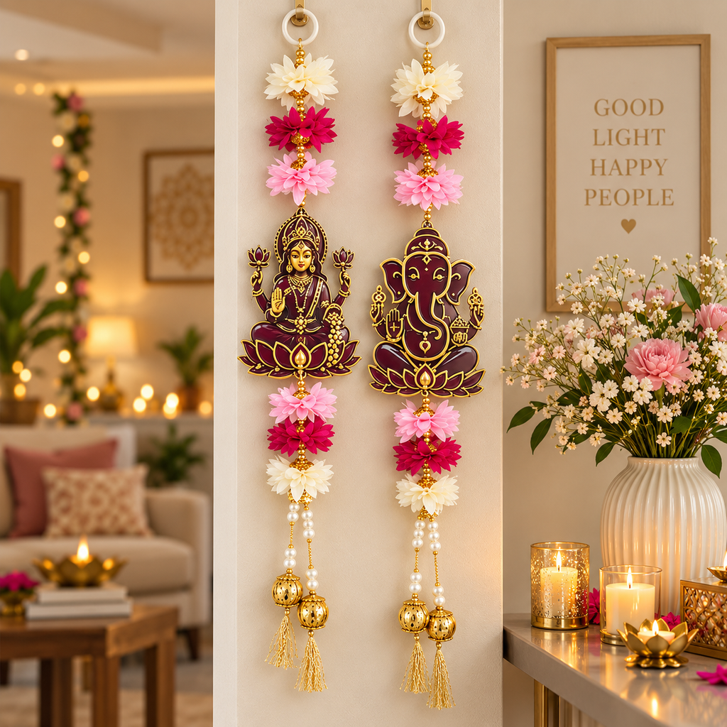 Lakshmi Ganesha Hanging for Door | Acrylic Festive Latkan with Flowers & Pearls | Diwali Pooja Room Entrance Decor | 16 Inch, Pack of 2