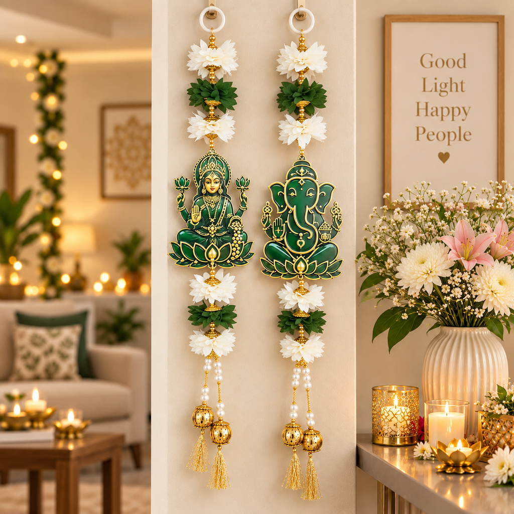 Lakshmi Ganesha Hanging for Door | Acrylic Festive Latkan with Flowers & Pearls | Diwali Pooja Room Entrance Decor | 16 Inch, Pack of 2