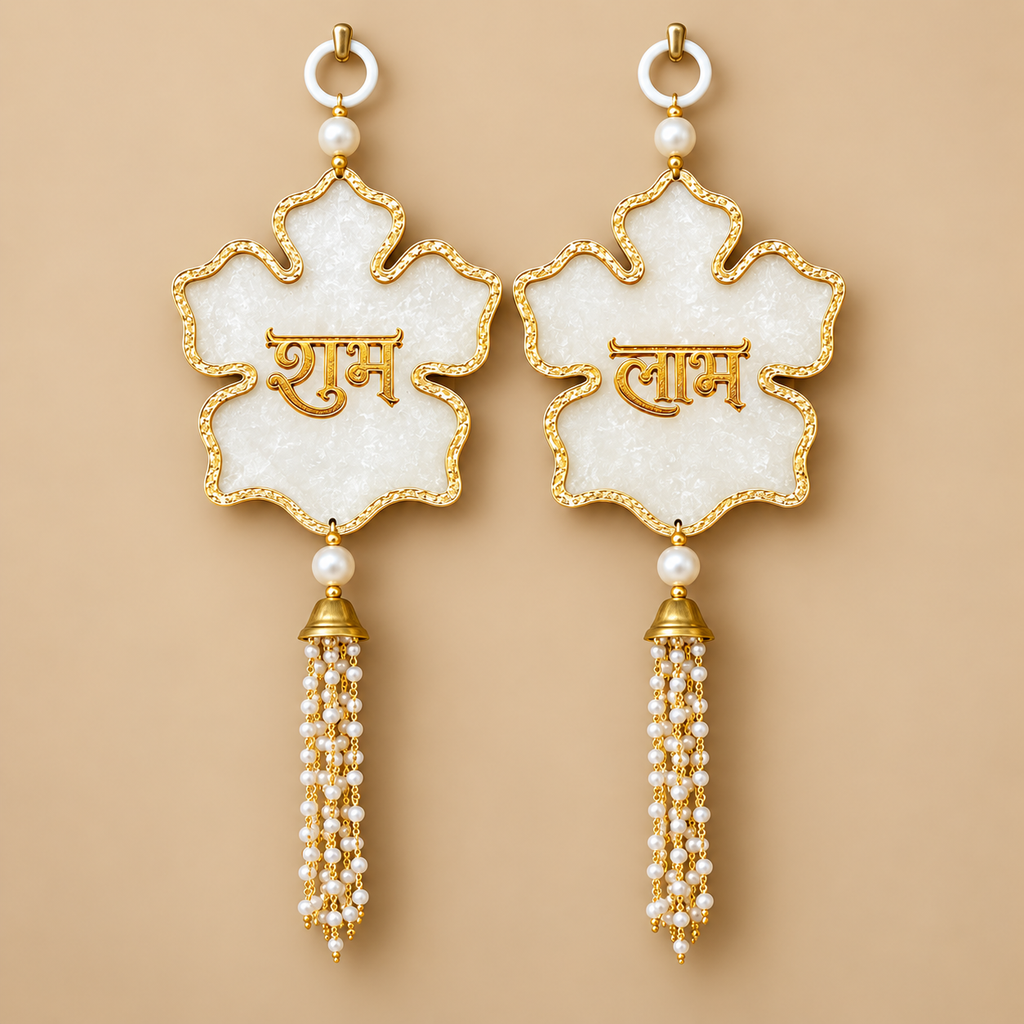Shubh Labh Door Hangings | Premium Acrylic Festive Latkan Set with Pearl Tassels & Gold Detailing | Diwali Home Decor for Entrance, Wall & Pooja Room | 10 Inch, Pack of 2