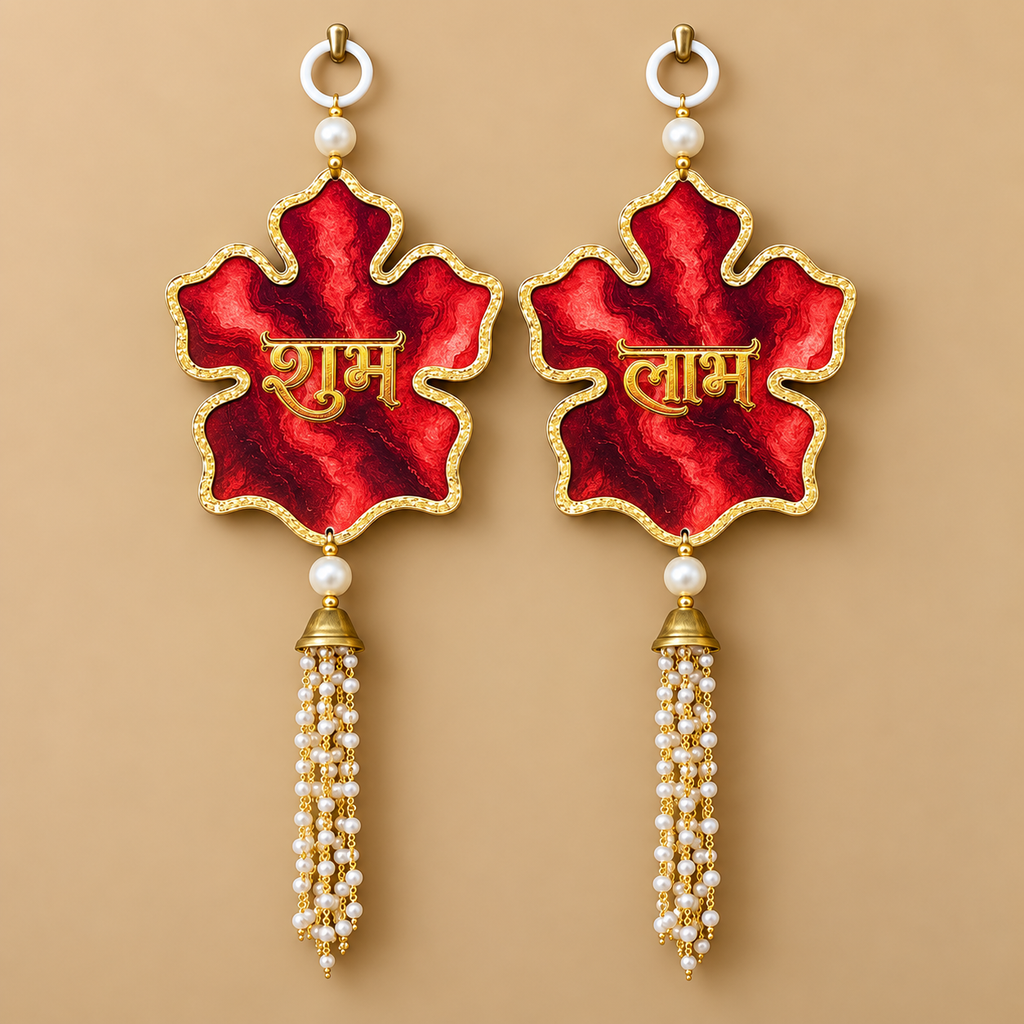 Shubh Labh Door Hangings | Premium Acrylic Festive Latkan Set with Pearl Tassels & Gold Detailing | Diwali Home Decor for Entrance, Wall & Pooja Room | 10 Inch, Pack of 2