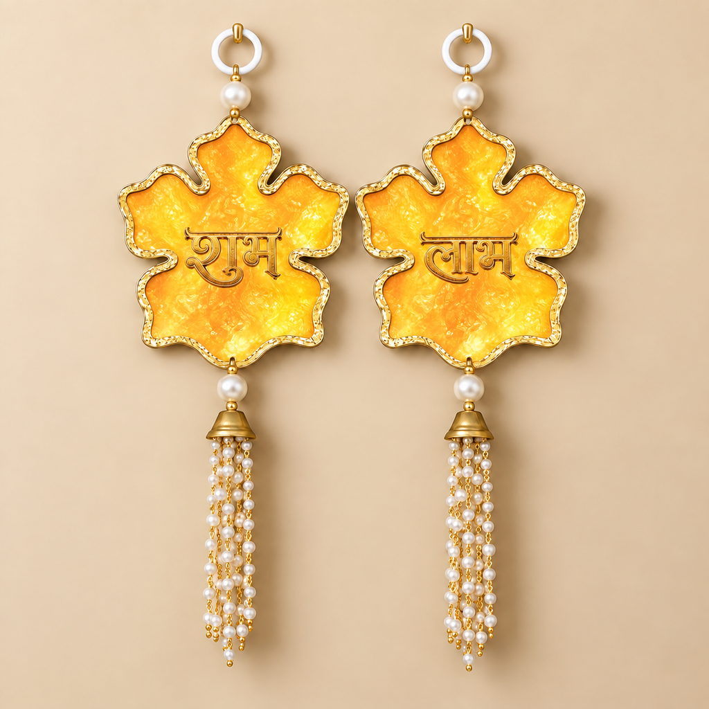 Shubh Labh Door Hangings | Premium Acrylic Festive Latkan Set with Pearl Tassels & Gold Detailing | Diwali Home Decor for Entrance, Wall & Pooja Room | 10 Inch, Pack of 2
