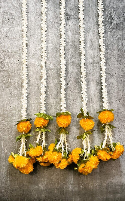 Akaar Mogra Garland with Yellow Marigold and Leaves Delicate Endings (Pack of 5)